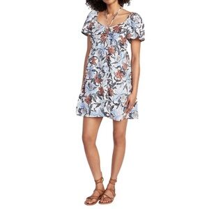 Old Navy Short Sleeve Halter Neck Floral Print Dress Blue Brown Linen Blend M